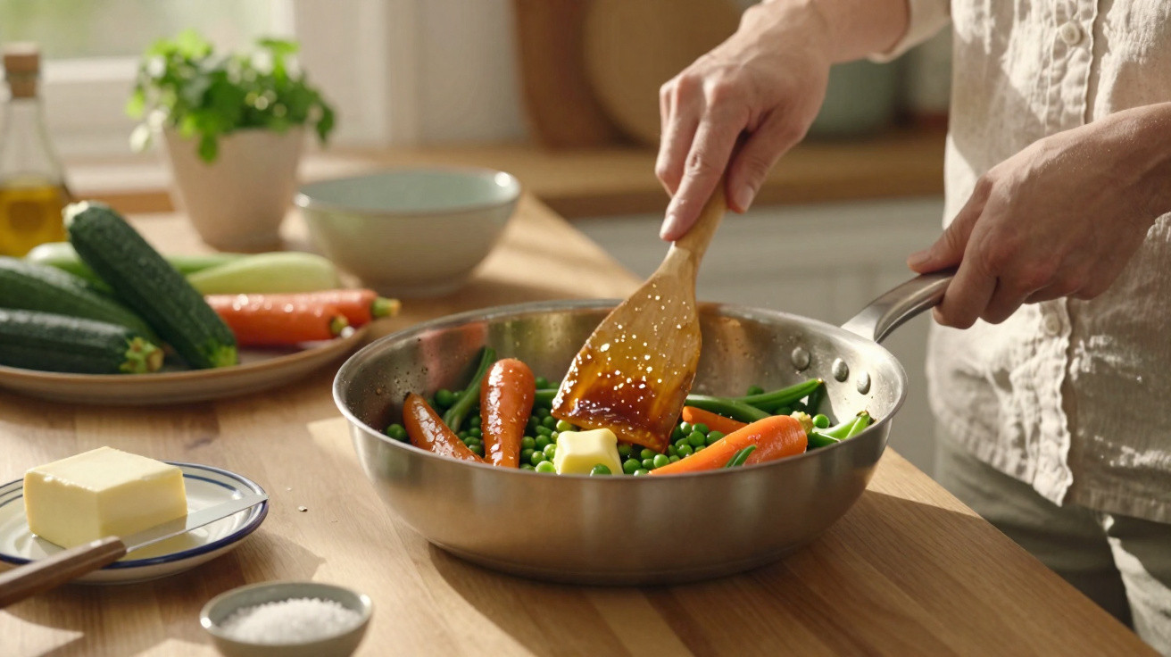 Pessoa a cozinhar legumes frescos numa frigideira com manteiga numa cozinha iluminada.