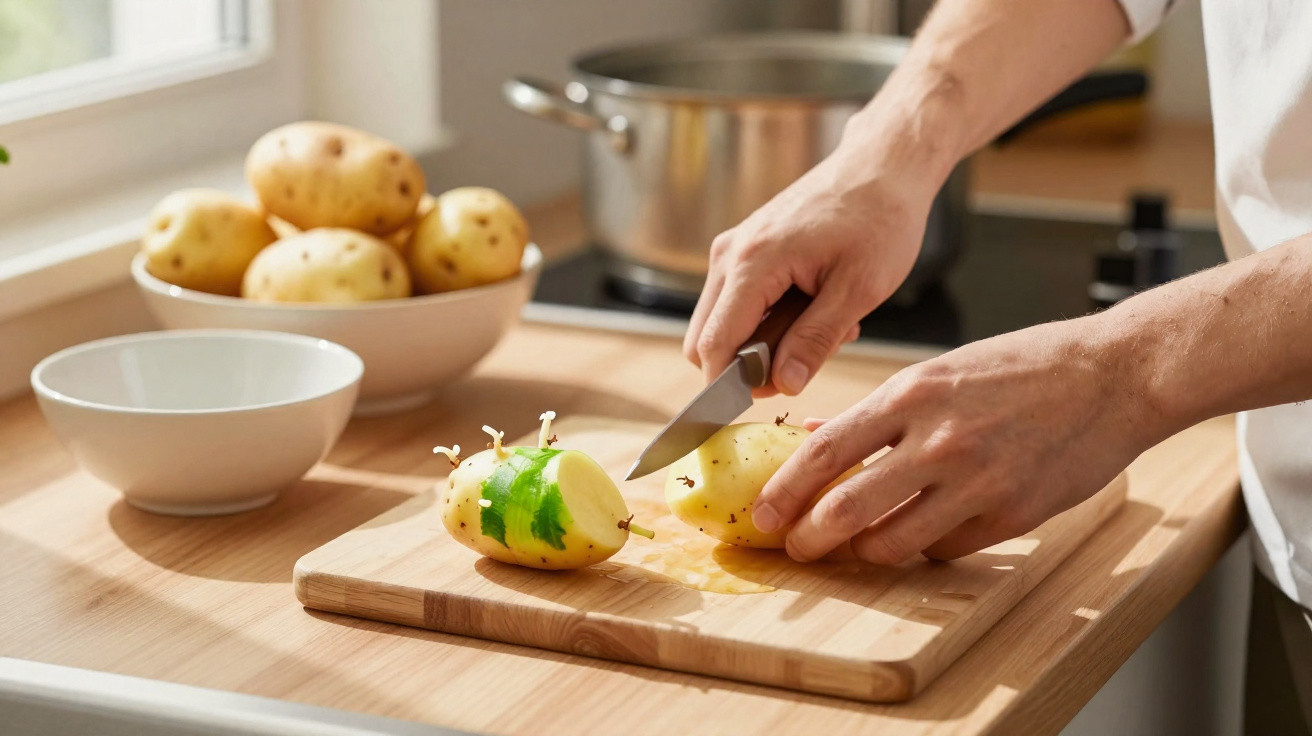 Mãos a cortar batatas com gemas de feijão num tábua de madeira numa cozinha iluminada.