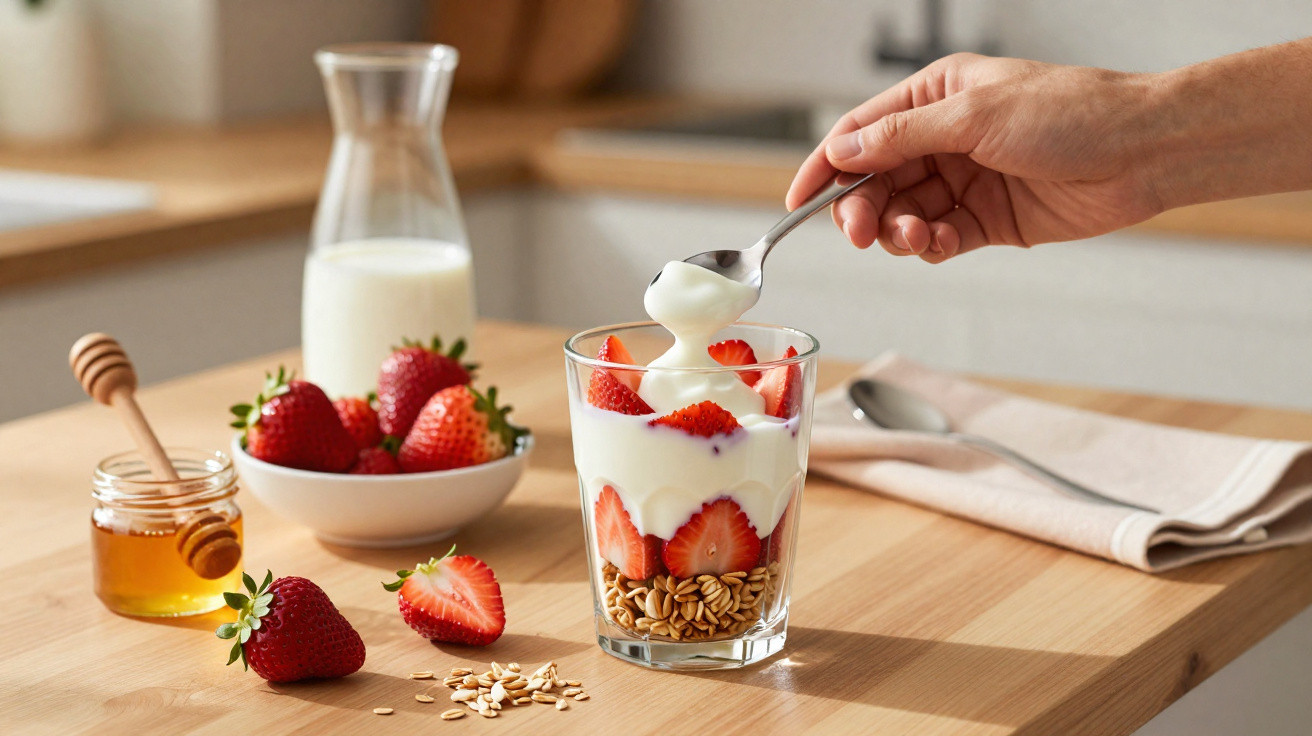 Taça com iogurte, morangos e granola, mel e leite sobre mesa de madeira, mão a colocar iogurte com colher.