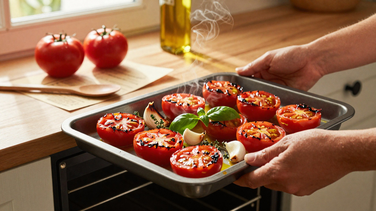 Mãos a retirar tabuleiro com tomates assados, alho e manjericão do forno numa cozinha luminosa.