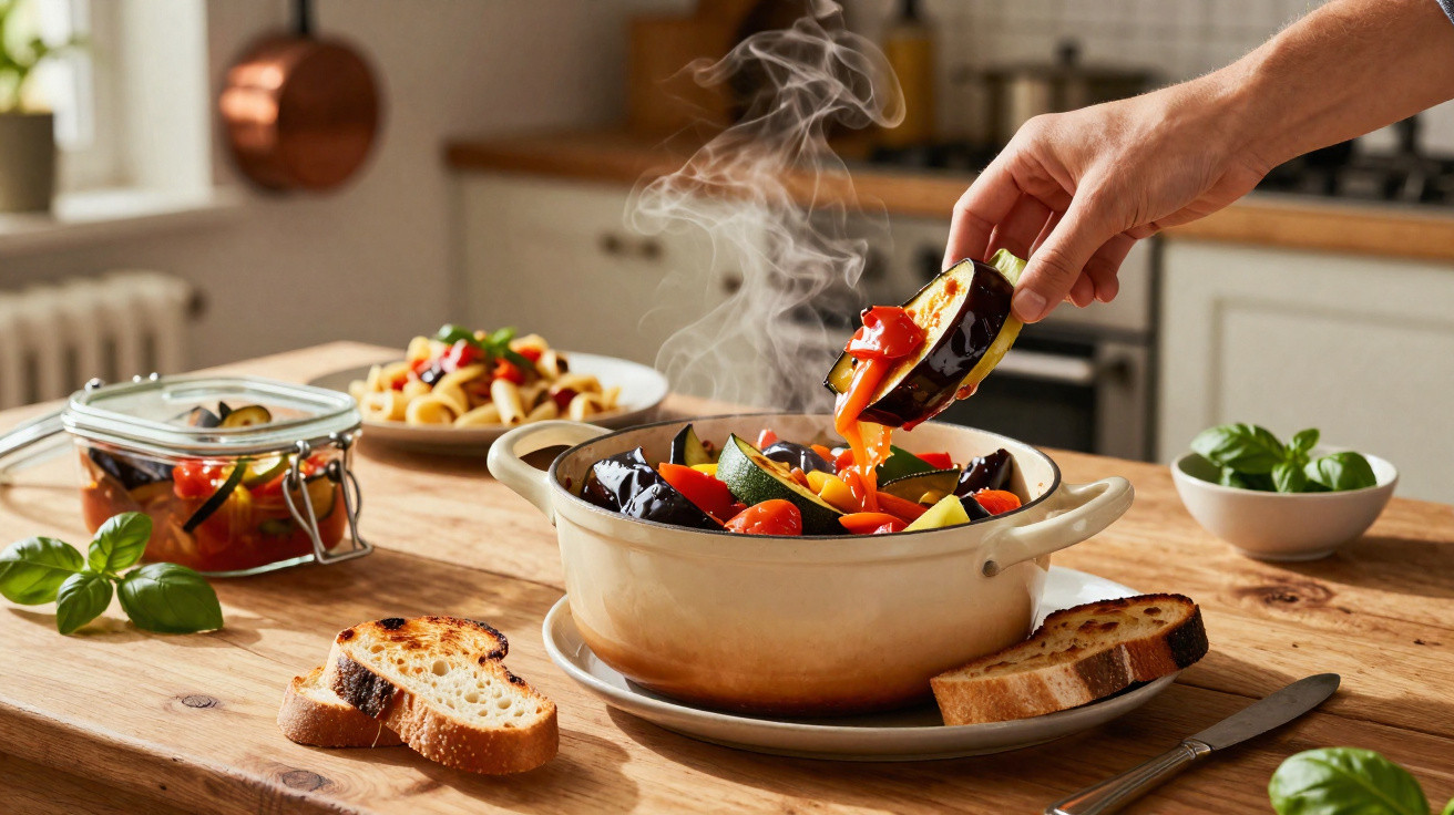 Mão a adicionar vegetais cozinhados numa panela fumegante numa cozinha com pão e manjericão na mesa de madeira.