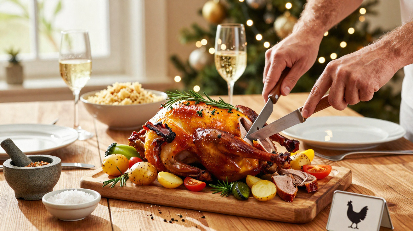 Pessoa a cortar um peru assado com batatas e legumes numa mesa decorada para Natal.