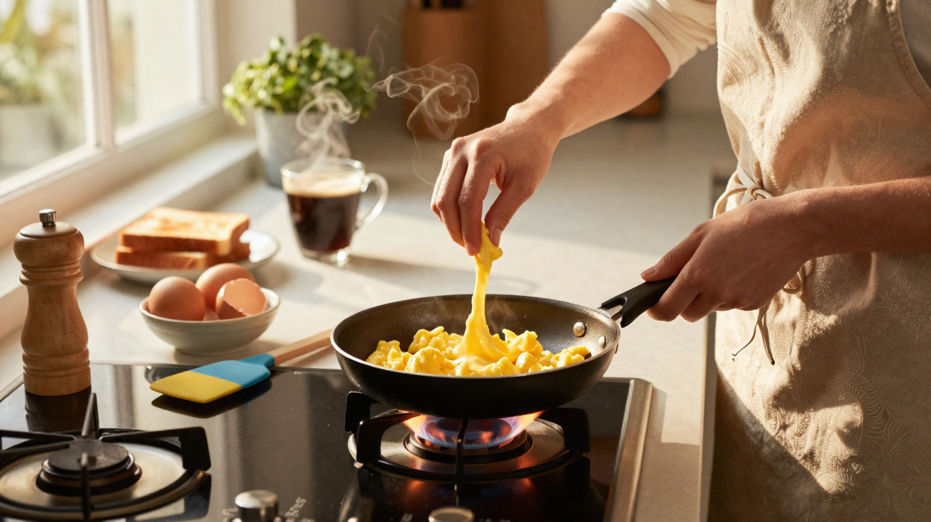 Pessoa a cozinhar ovos mexidos numa frigideira sobre fogão a gás numa cozinha iluminada.