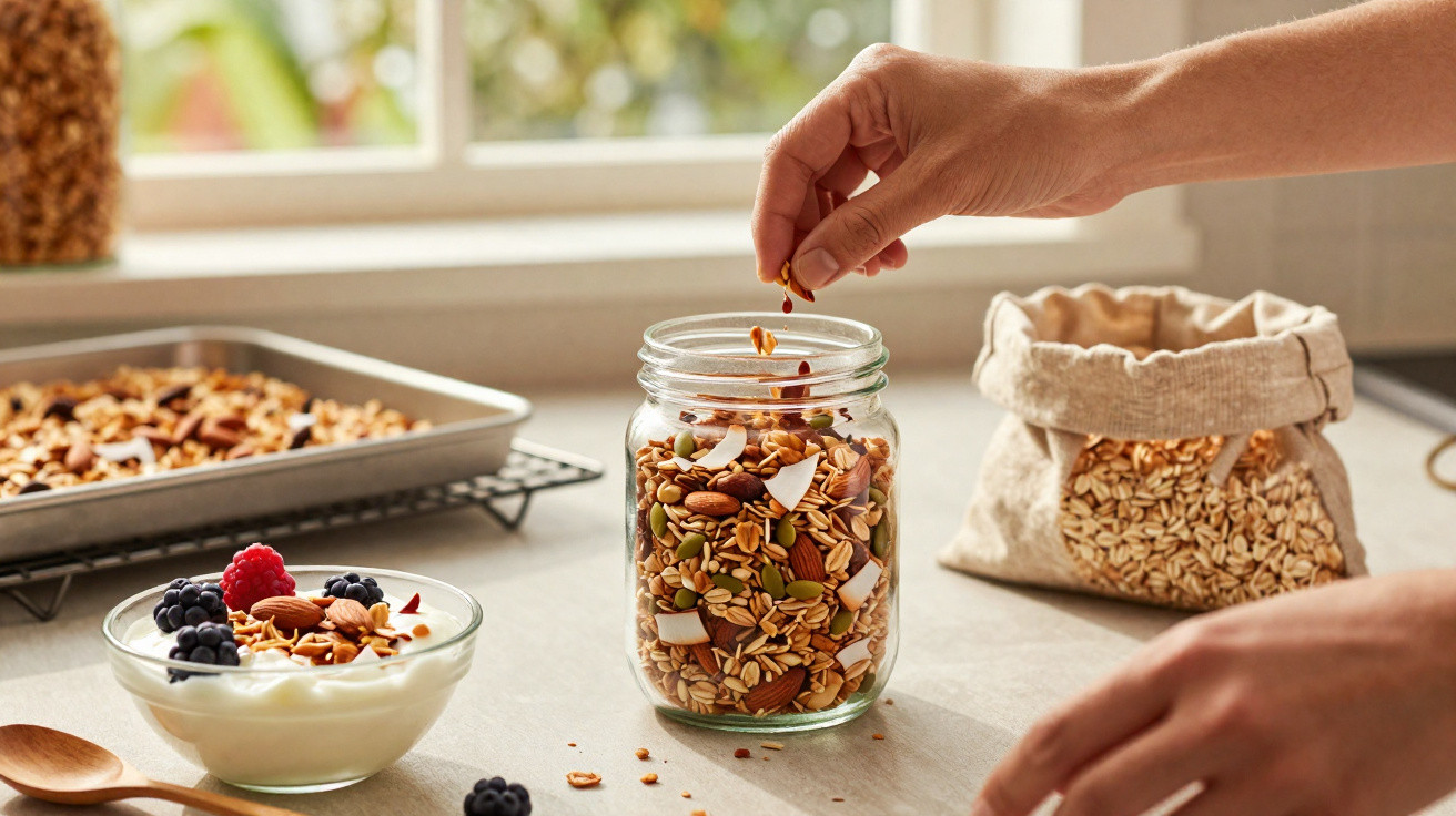 Pessoa a pôr granola num frasco de vidro, com taça de iogurte e frutos vermelhos ao lado numa bancada de cozinha.