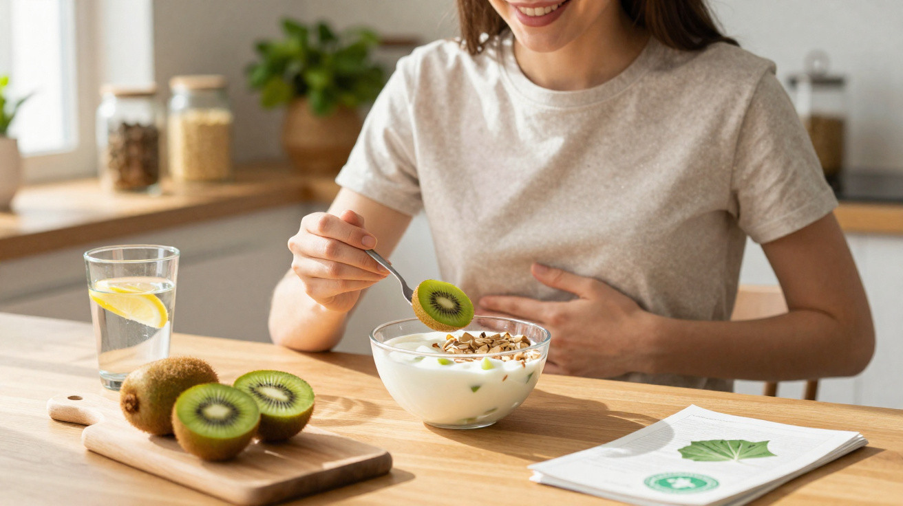 Mulher sorridente a comer iogurte com granola e kiwi na cozinha, com copo de água e limão ao lado.