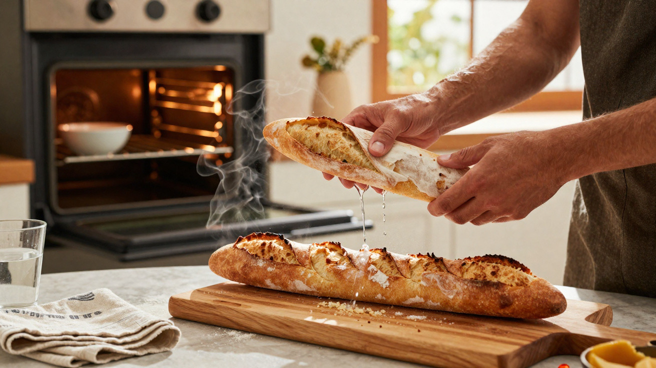 Pessoa a partir uma baguete acabada de sair do forno numa cozinha luminosa com forno aberto ao fundo.
