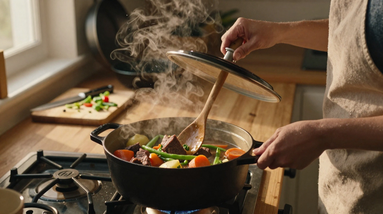 Pessoa a destapar panela a cozinhar ensopado de carne com legumes num fogão a gás.