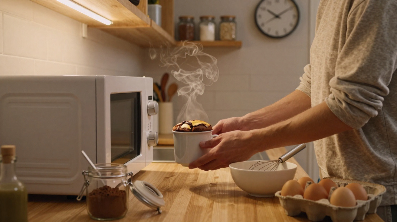 Pessoa a retirar um bolo quente do micro-ondas numa cozinha com ingredientes espalhados na bancada.