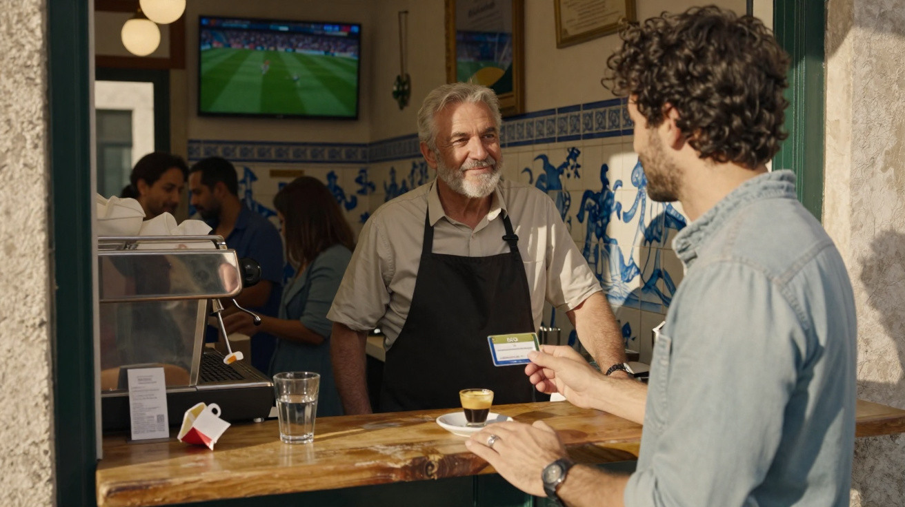 Homem a pagar com cartão num café tradicional português, barista sorridente ao balcão com azulejos atrás.
