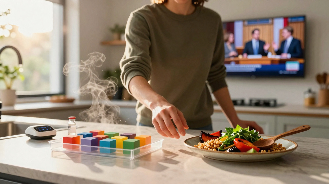 Pessoa a preparar refeição saudável numa cozinha com televisão ligada ao fundo.