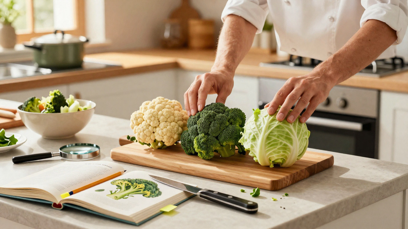 Chef prepara couve-flor, brócolos e couve numa cozinha moderna com livros de receitas e legumes.