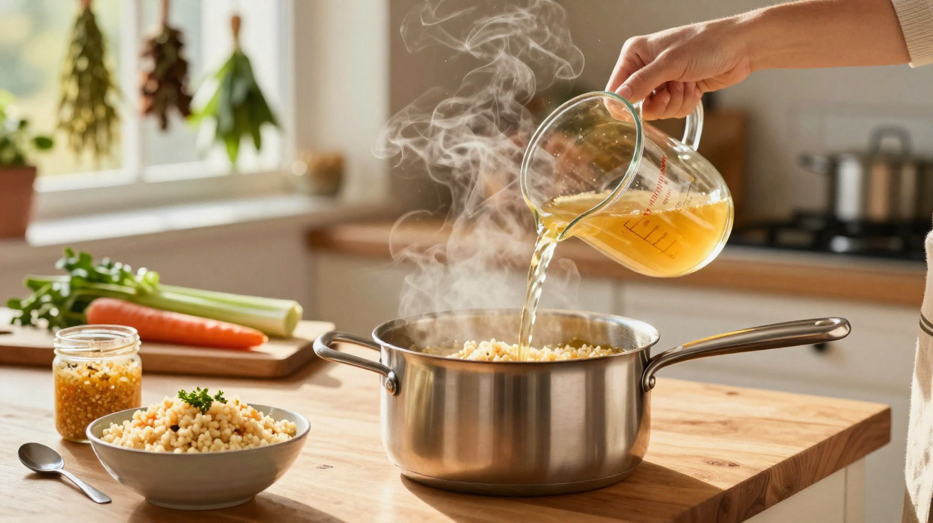 Pessoa a verter caldo quente numa panela com massa numa cozinha iluminada e arejada.
