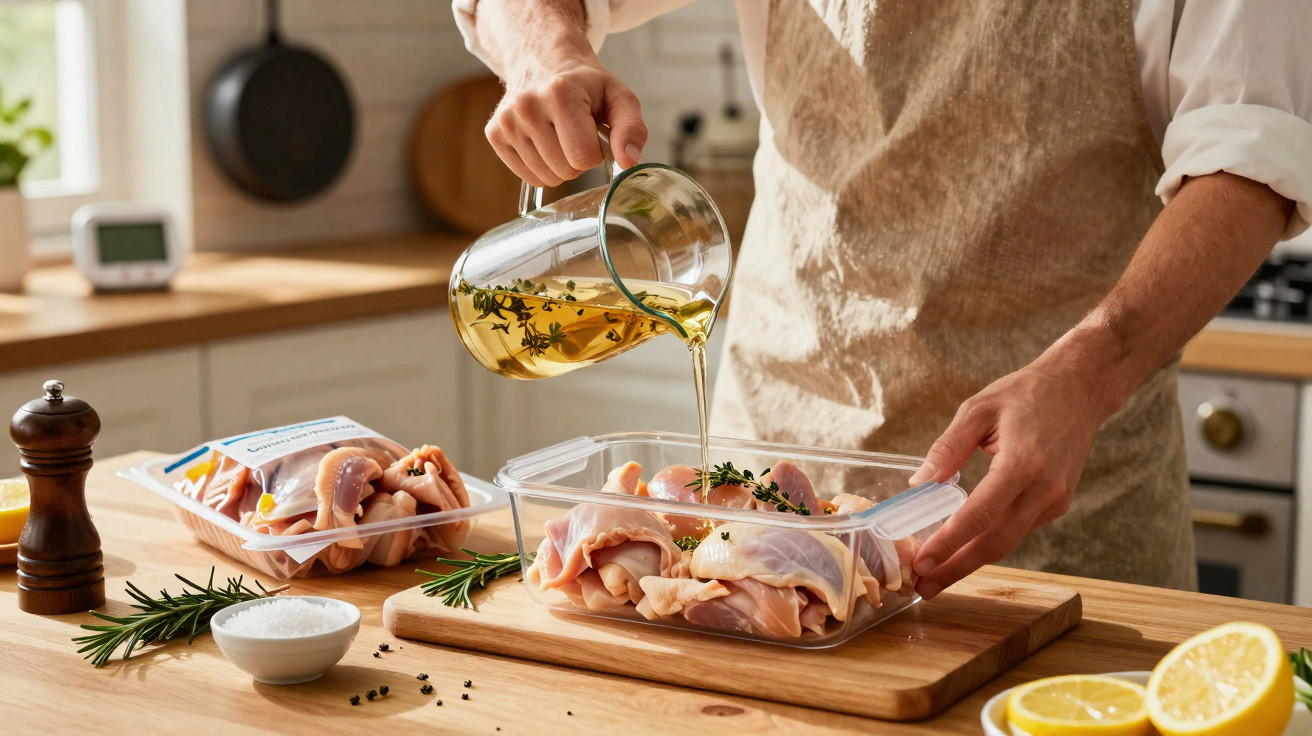 Pessoa a temperar pedaços de frango cru com azeite e ervas numa cozinha moderna.
