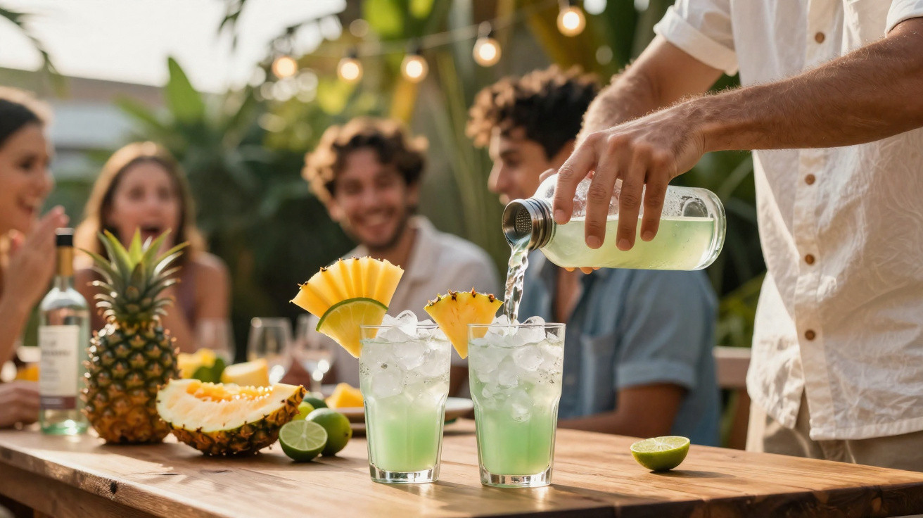 Pessoa a servir cocktail verde com decoração de ananás e lima numa festa ao ar livre.