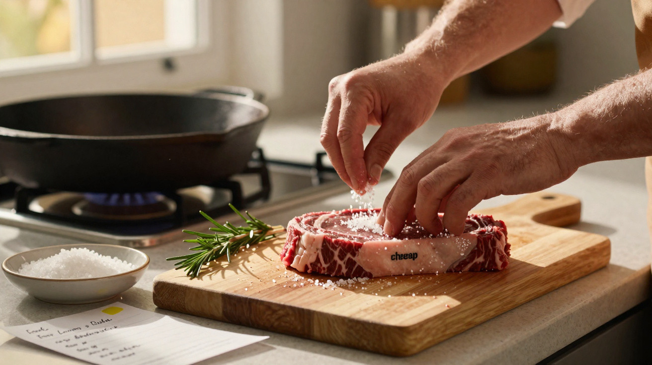 Mãos a temperar um bife cru com sal grosso numa tábua de madeira, ao lado de um ramo de alecrim e uma frigideira.