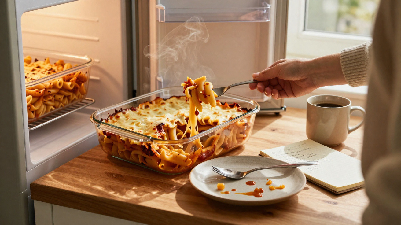 Prato de forno com massa gratinada a sair do frigorífico, mão a servir com garfo, chávena e caderno na mesa.