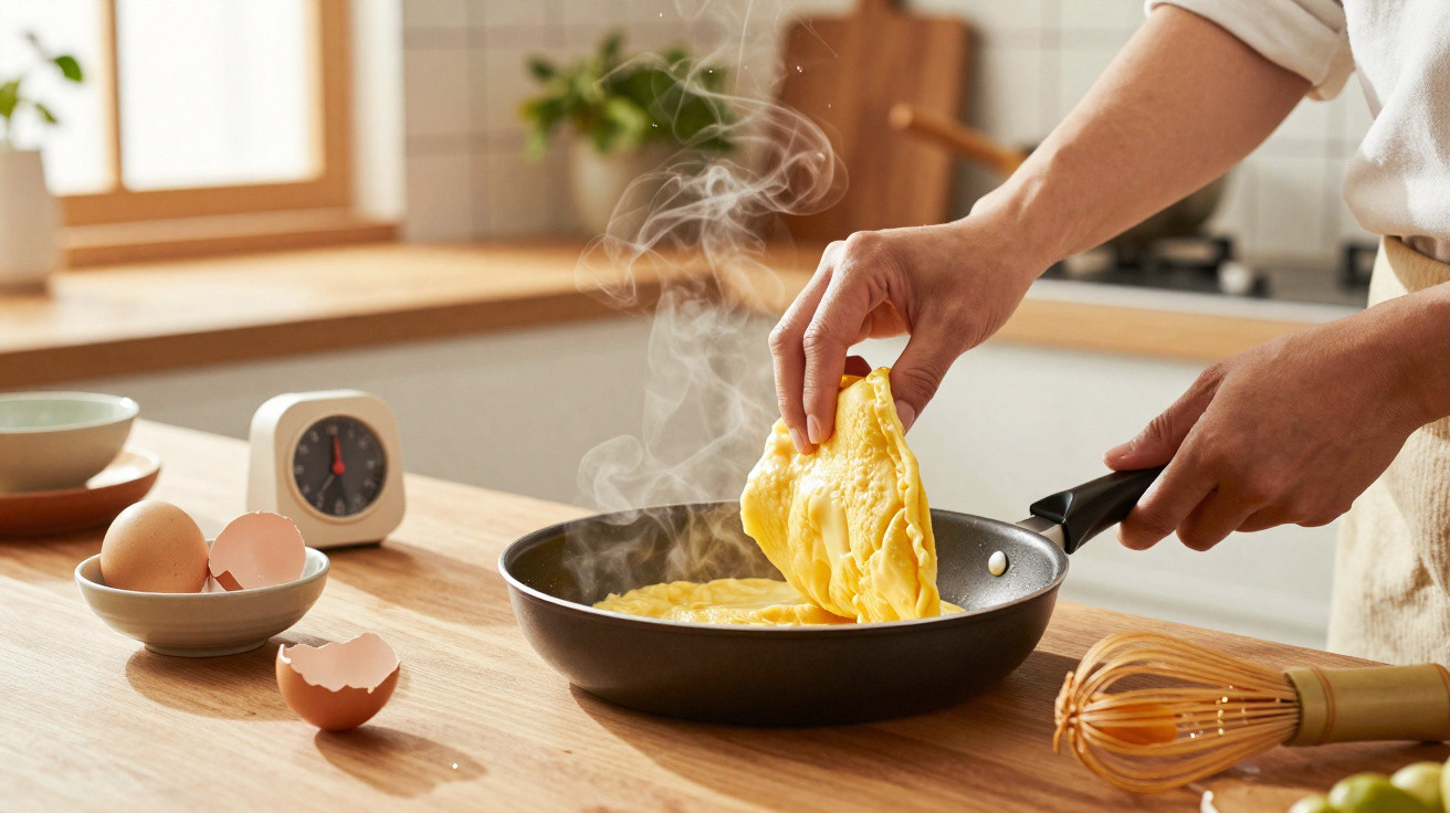 Pessoa a cozinhar uma omelete numa frigideira numa cozinha luminosa com ovos e utensílios à vista.