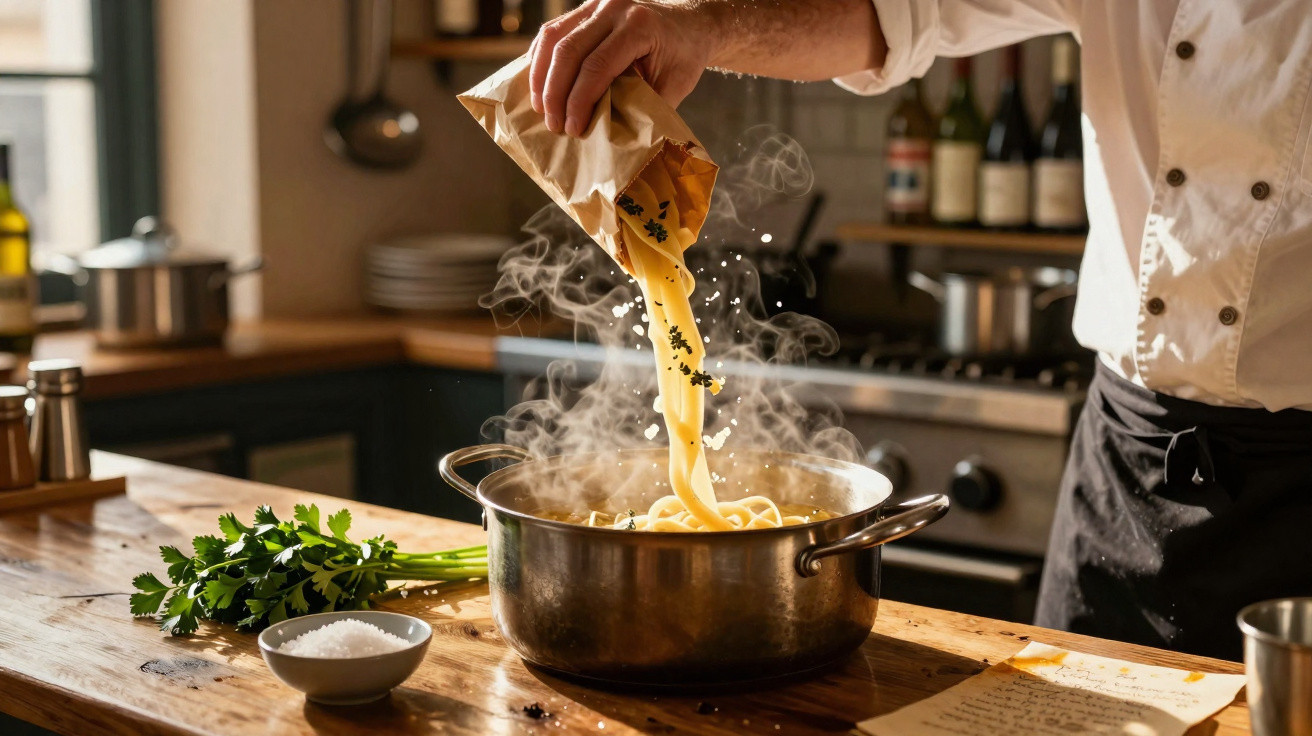 Chef a cozinhar, vertendo massa para uma panela a ferver numa cozinha acolhedora.