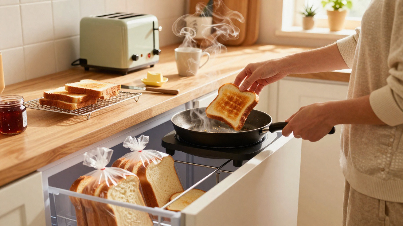 Pessoa a tostar fatias de pão numa frigideira numa cozinha luminosa e organizada.
