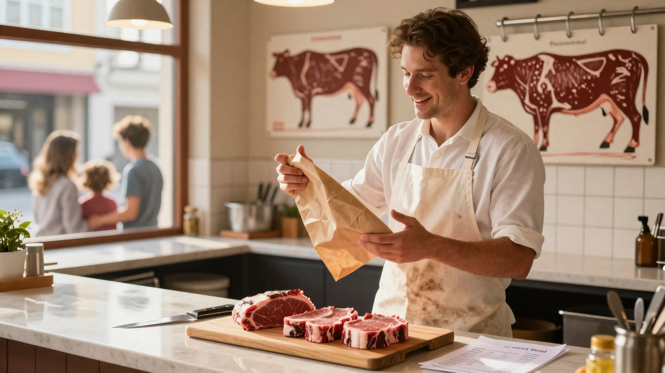 Talhante a embrulhar carne numa loja com vários cortes de carne amostra sobre a bancada.