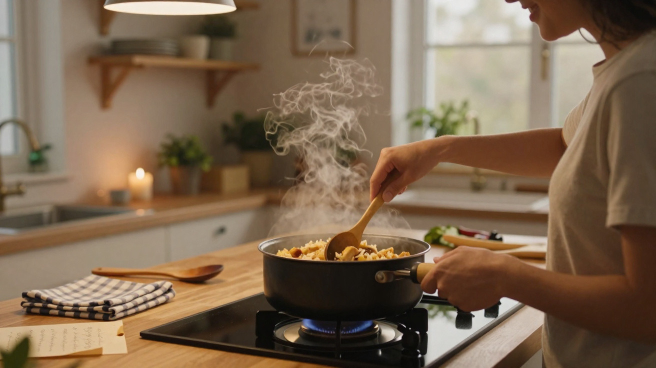Pessoa a mexer comida quente numa panela numa cozinha moderna e iluminada.