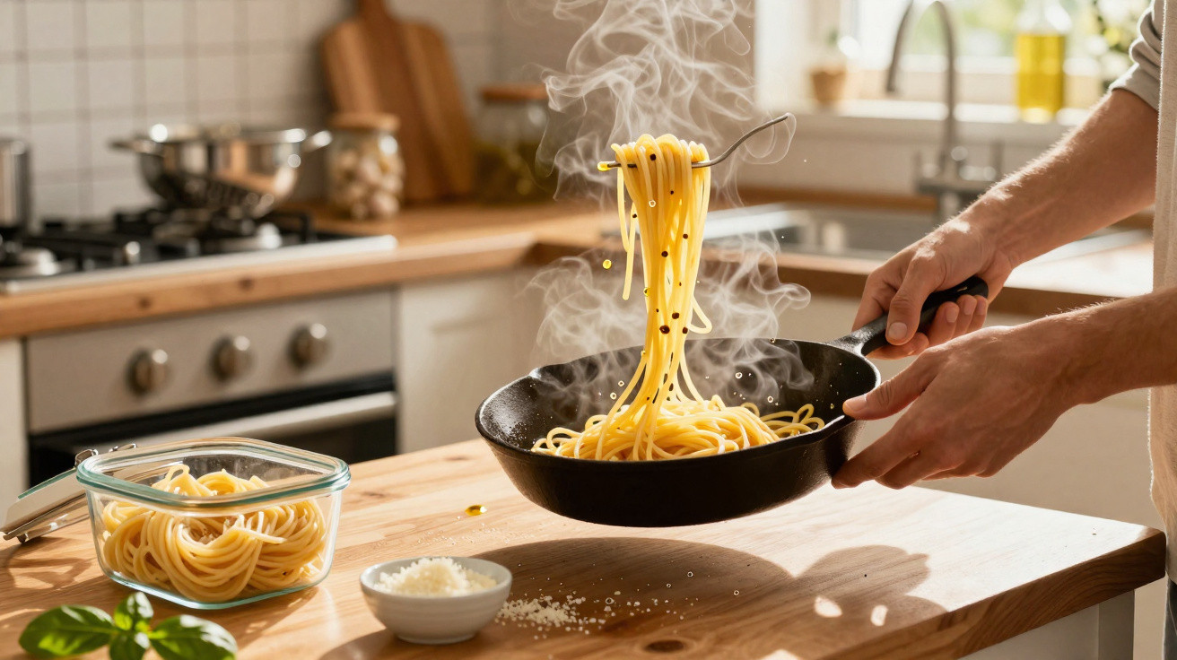 Pessoa a cozinhar esparguete fumegante numa frigideira numa cozinha moderna e luminosa.