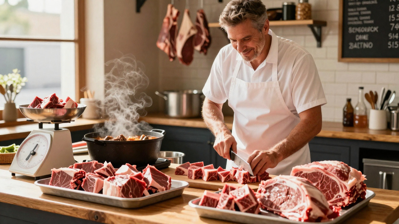 Homem a cortar carne crua numa cozinha profissional com várias peças de carne e panela a cozinhar.