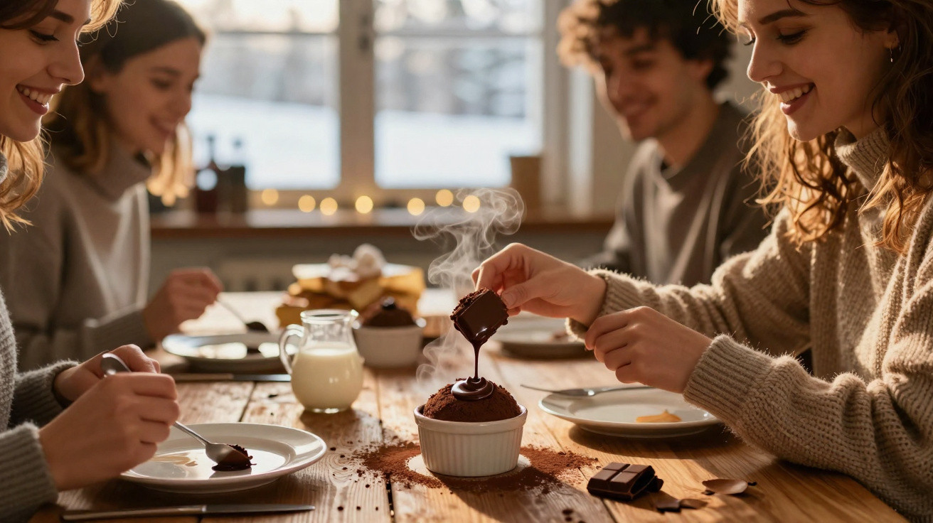 Quatro amigos sentados à mesa a desfrutar de sobremesas quentes de chocolate num ambiente acolhedor.