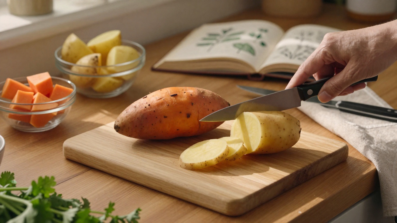 Pessoa a cortar batata em tábua de madeira, batata-doce inteira, legumes cortados e livro de receitas ao fundo.