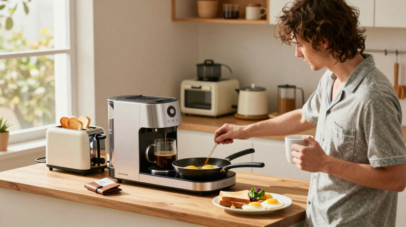 Homem a preparar ovos numa frigideira com máquina de café integrada numa cozinha moderna iluminada.