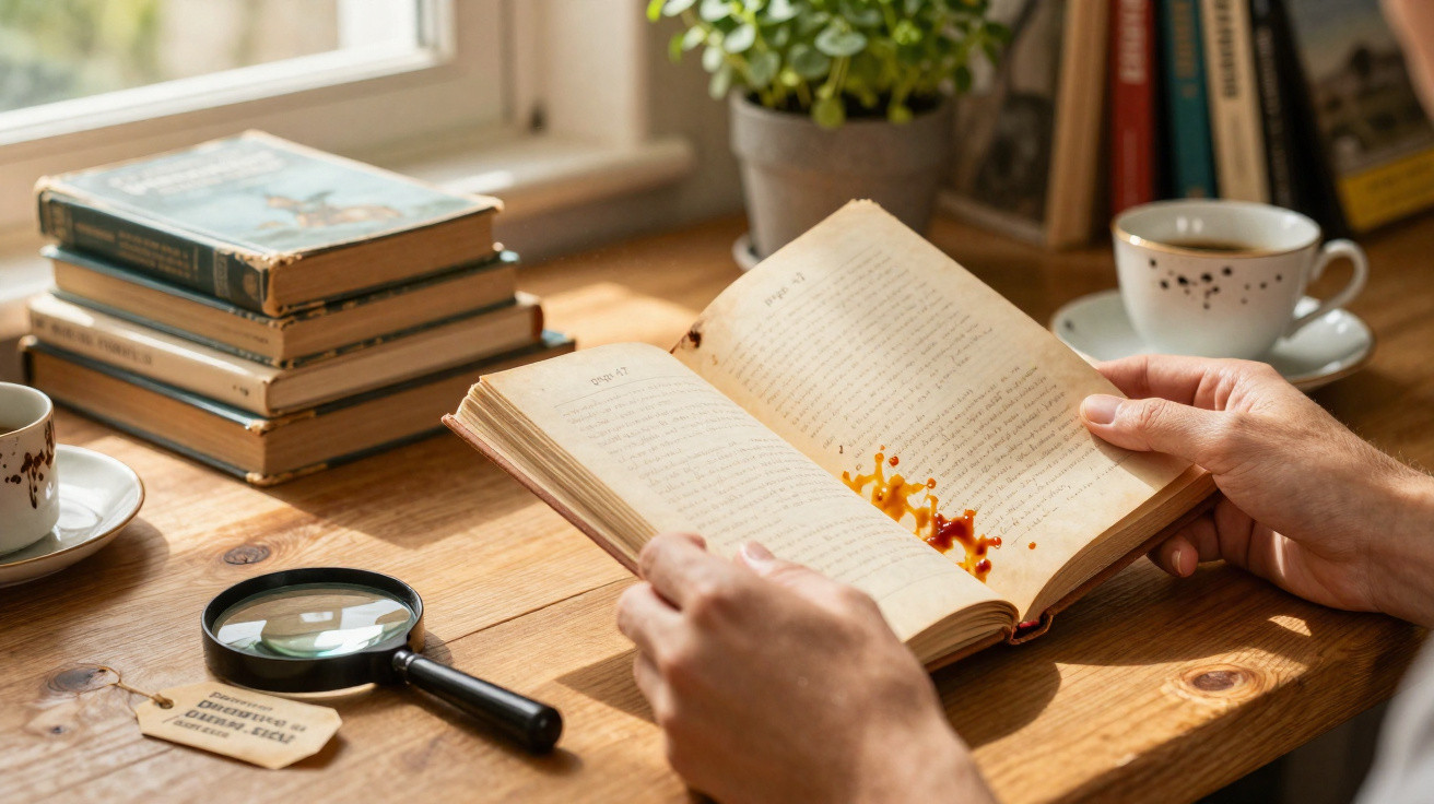 Pessoa a folhear um livro antigo com mancha castanha, numa mesa de madeira com xícaras, lupa e pilha de livros.