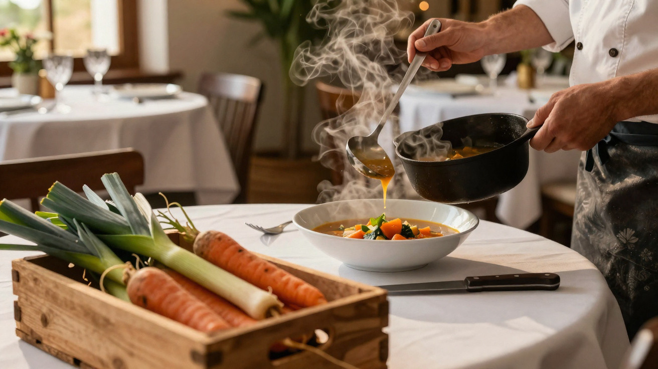 Pessoa a servir sopa fumegante num prato branco com cenouras e legumes numa mesa de restaurante.