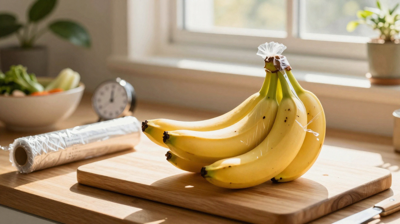 Cacho de bananas numa tábua de madeira com película aderente num ambiente de cozinha iluminado.