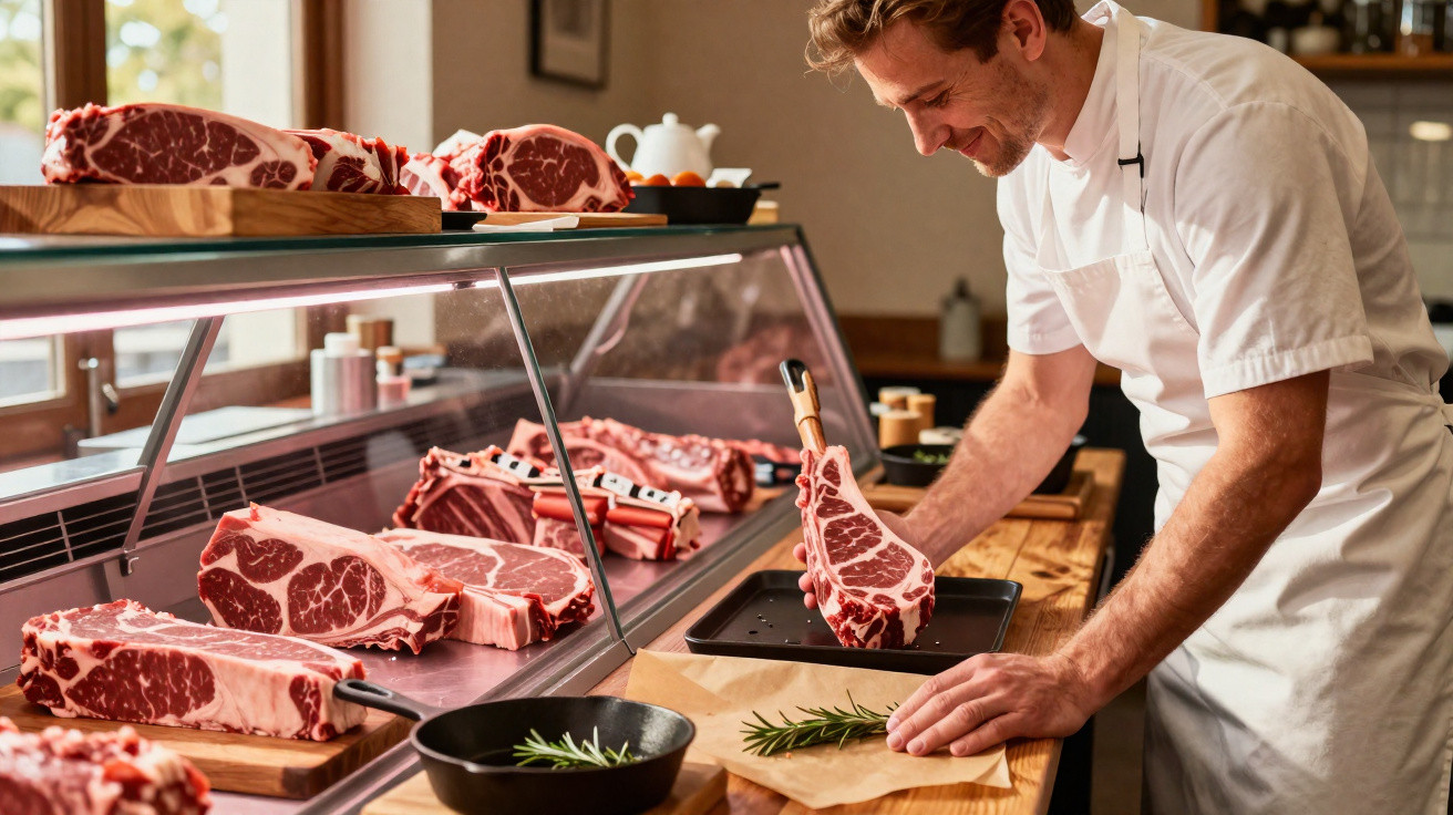 Açougueiro com avental a preparar bifes de carne fresca num balcão de talho com ervas aromáticas.
