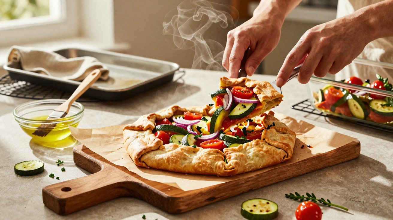 Pessoa a tirar uma fatia de tarte rústica de legumes com courgette, tomate e cebola numa tábua de madeira.