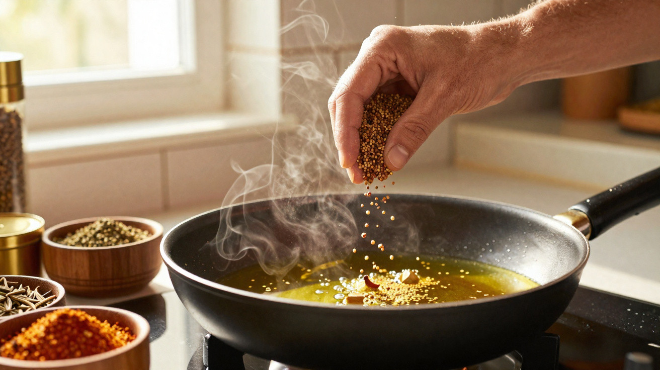 Mão a deitar sementes numa frigideira com óleo quente, com vapor e especiarias ao redor na cozinha.