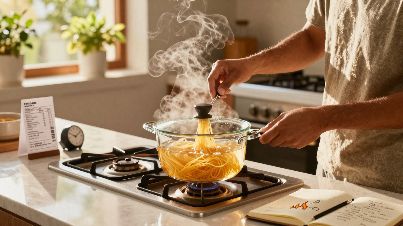 Pessoa a cozinhar esparguete numa panela de vidro sobre fogão a gás numa cozinha iluminada.