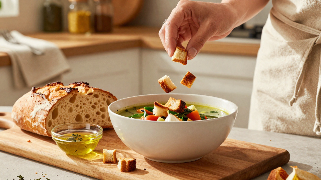 Pessoa a adicionar cubos de pão a uma sopa com legumes numa tigela branca, ao lado de pão e azeite.