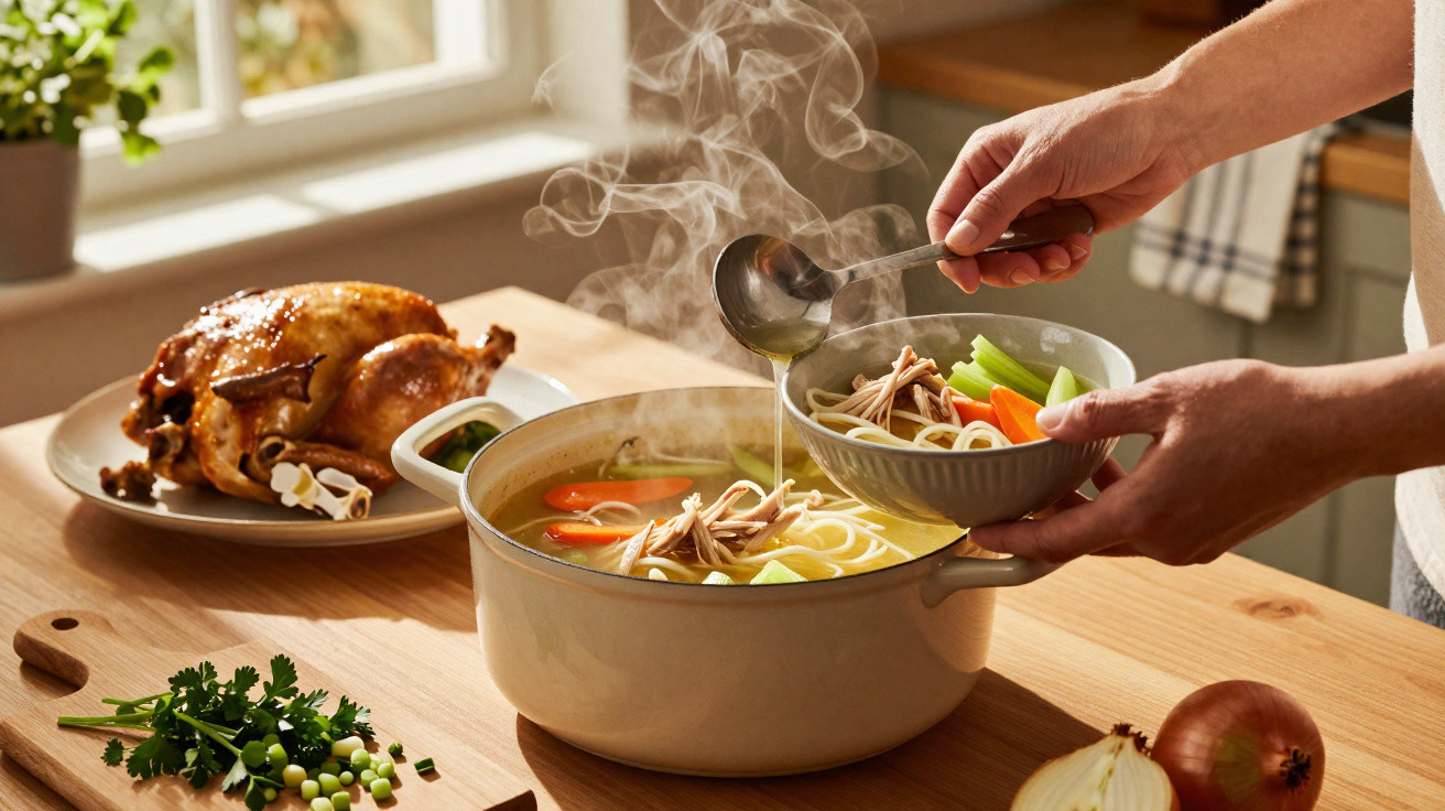 Pessoa a servir sopa quente de galinha com legumes e massa numa tigela na cozinha iluminada.
