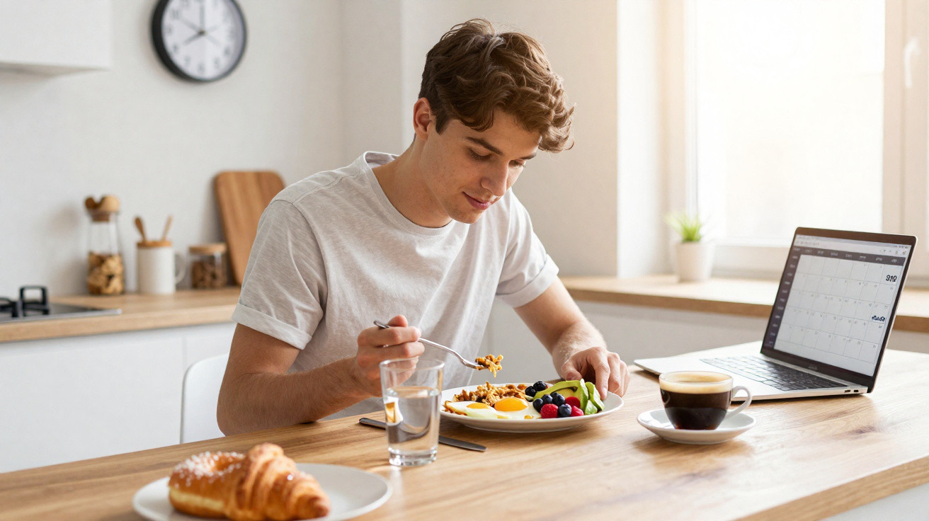 Jovem a comer pequeno-almoço saudável na cozinha com portátil aberto e relógio na parede.