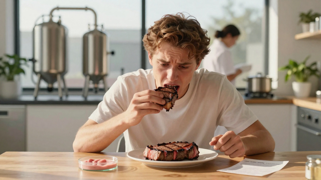 Homem a comer um bife grande numa cozinha moderna com uma mulher ao fundo a ler um livro.