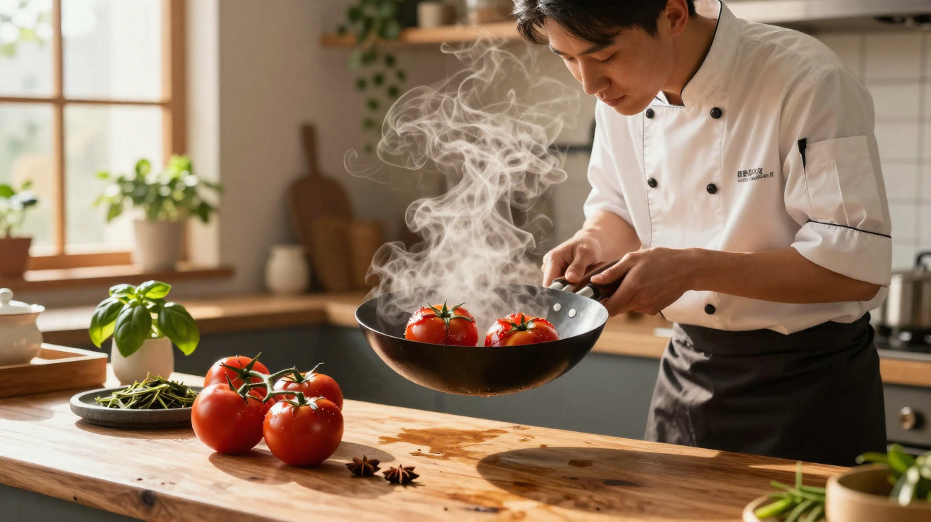 Chef a preparer tomates fumegantes numa frigideira numa cozinha moderna e iluminada.