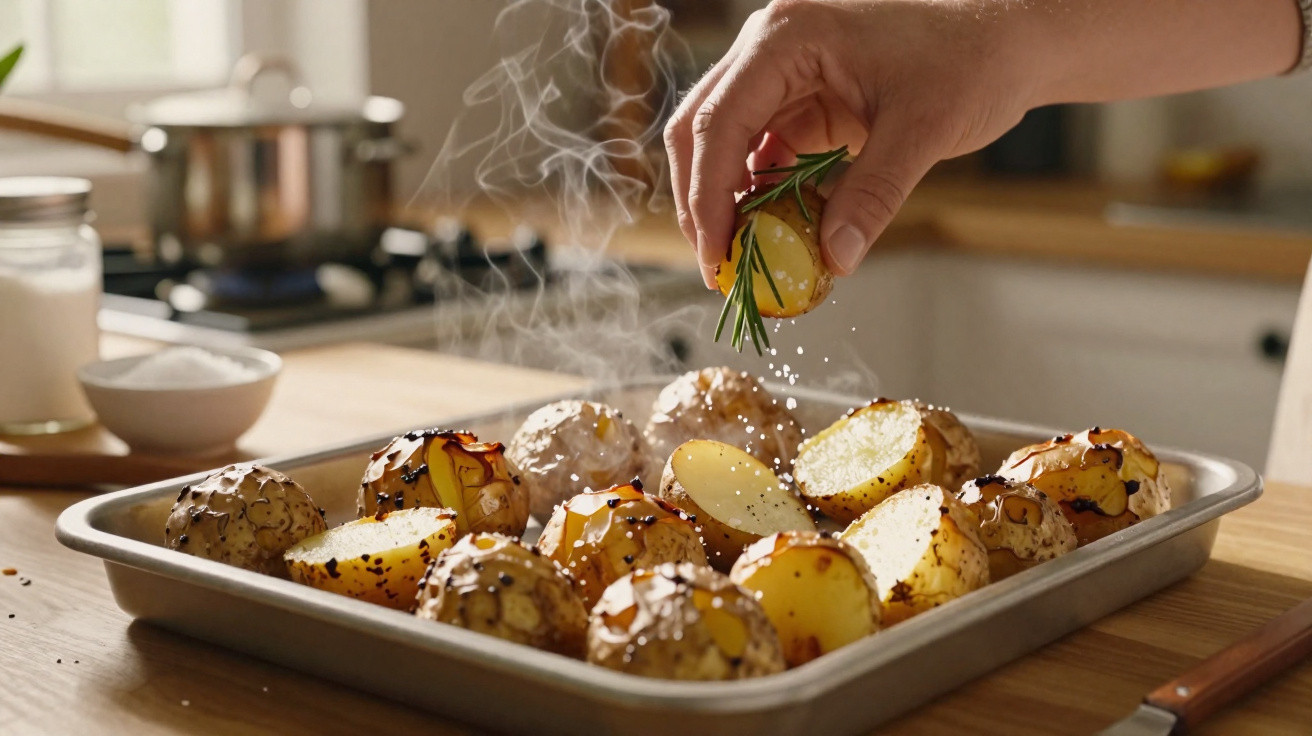 Mão a temperar batatas assadas com alecrim e sal numa tabuleiro, em cozinha iluminada.