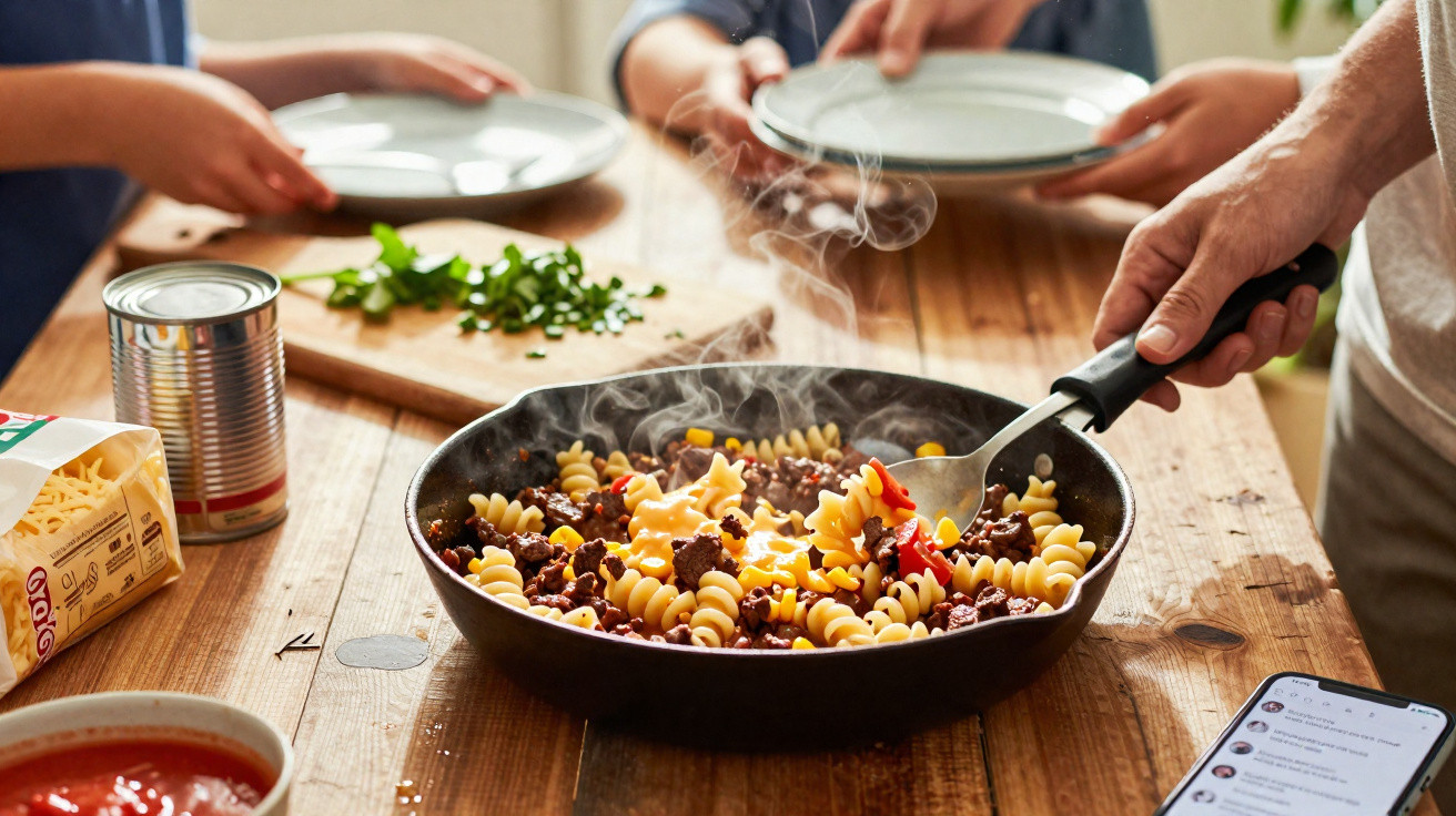 Panela fumegante com massa fusilli, carne e legumes sendo servida numa mesa de madeira.