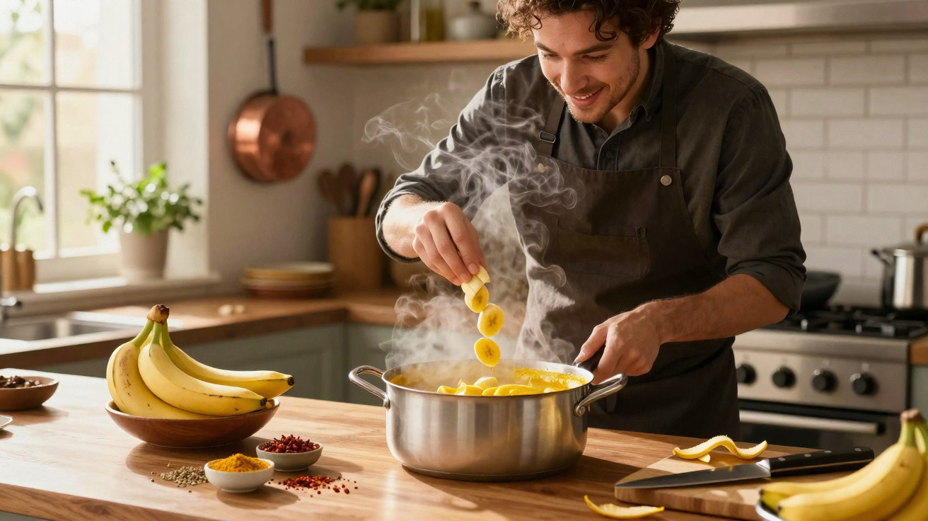 Homem a cozinhar com bananas fatiadas numa panela a fumegar numa cozinha moderna.