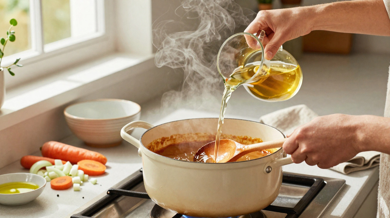 Pessoa a adicionar óleo a uma panela com sopa ao lume, com legumes cortados e vapor visível na cozinha.