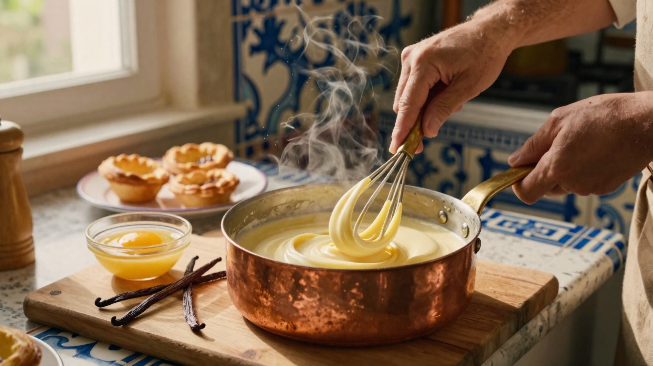 Mãos mexem creme quente numa panela de cobre numa bancada com ovos, vagens de baunilha e tarteletes ao fundo.