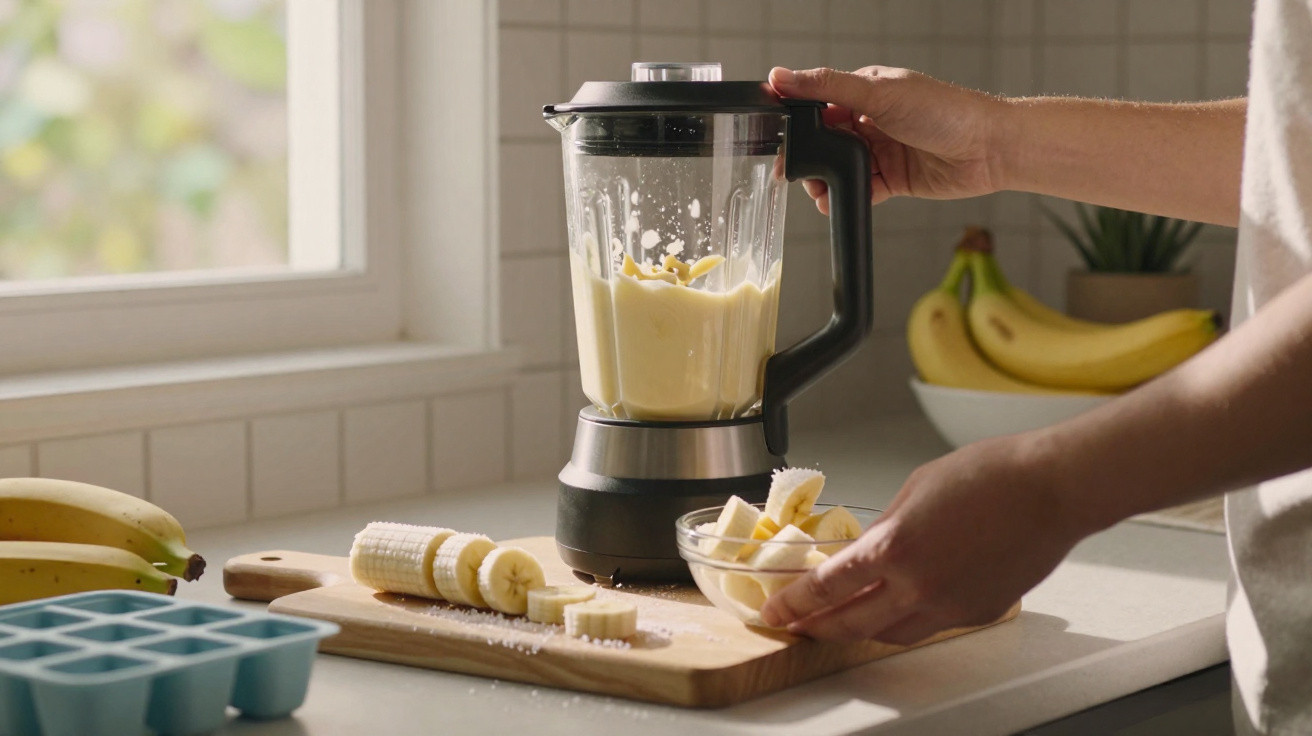 Pessoa a preparar batido de banana com liquidificador e pedaços de banana numa cozinha iluminada.