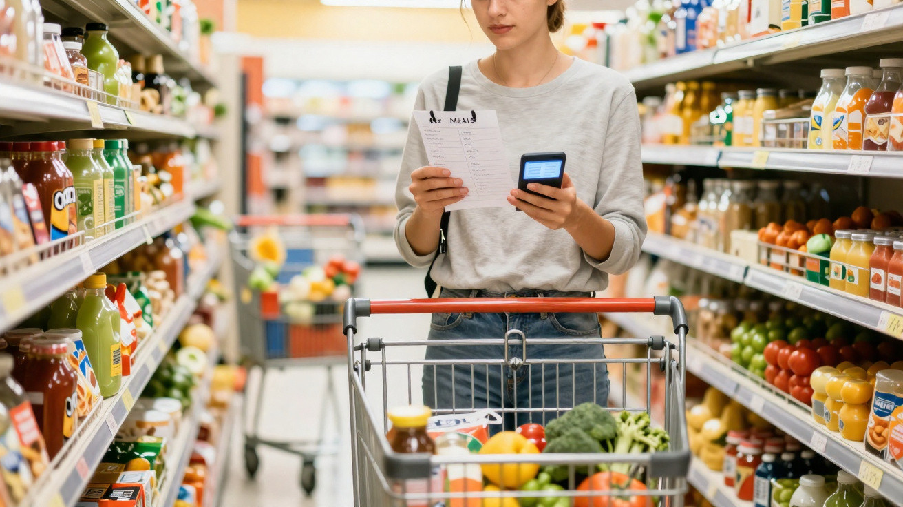 Mulher a fazer compras no supermercado com carrinho cheio de frutas e legumes, consultando lista e telemóvel.