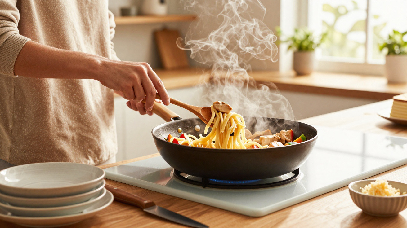 Pessoa a cozinhar massa com legumes e frango numa frigideira quente numa cozinha iluminada.